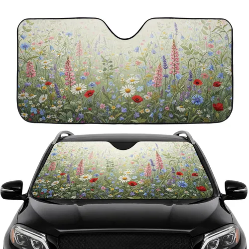Dense Wildflower Meadow Foliage Assorted Blossoms - Car Interior Upgrade Car Sunshade