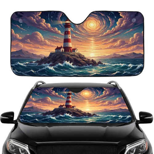 Majestic Lighthouse Keeper Cottage Cliffside Ocean Celestial Vortex Starry Sunset Sky - Road Trip Gift Car Sunshade