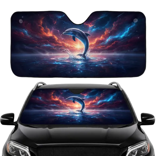Majestic Dolphin Leaping Luminous Water Cosmic Starfield - Everyday Commute Accessory Gift Car Sunshade