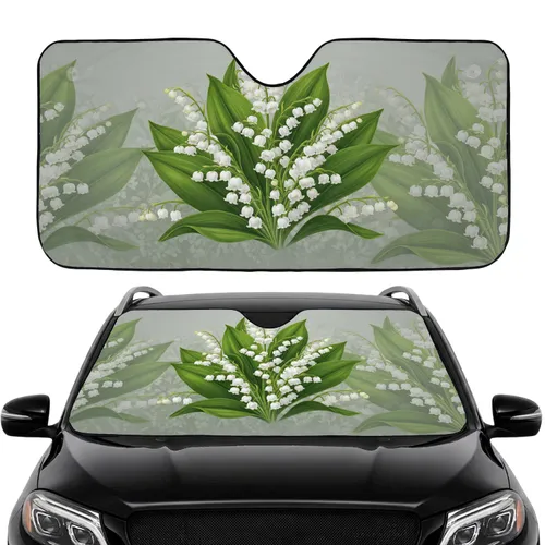 White Lily of the Valley Floral Green Leaves - Road Trip Travel Essential Car Sunshade