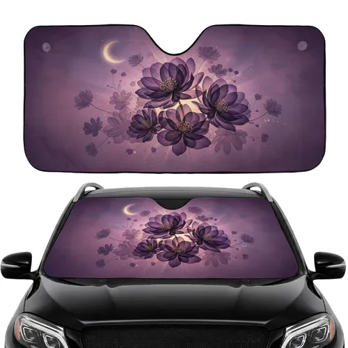 Dark Purple Ethereal Flowers Golden Moon Twilight Sky - Car Interior Upgrade Car Sunshade