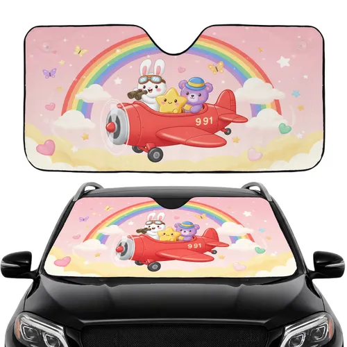 White Bunny Yellow Star Purple Bear Red Airplane - Travel Essentials Road Trip Car Sunshade
