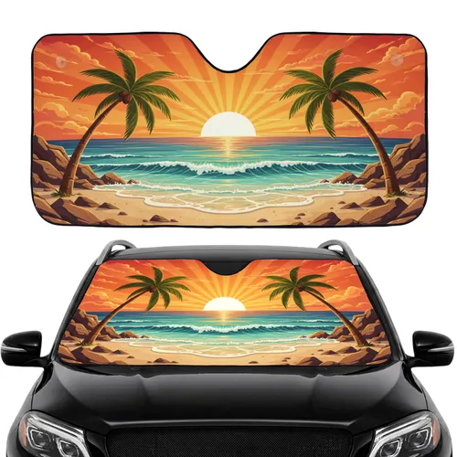 Tropical Golden Sunset Palm Trees Sandy Beach Ocean Waves - Travel Accessory Car Sunshade