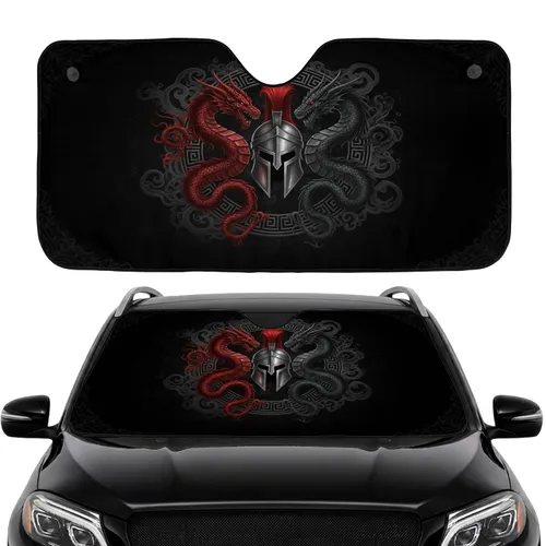 Battle-worn Spartan Helmet Red & Black Dragon Greek Key - Car Interior Upgrade Car Sunshade