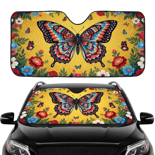 Jeweled Butterfly Blooming Flowers Green Leaves Tendrils Swirls Car Interior Upgrade Car Sunshade