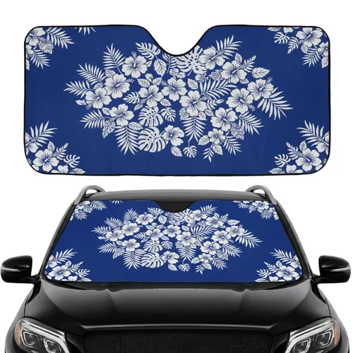White Hibiscus Flowers Tropical Foliage Blue - Car Interior Upgrade Travel Accessory Car Sunshade