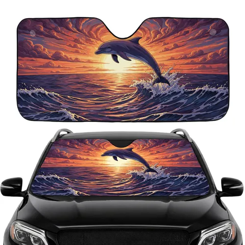 Leaping Dolphin Ocean Waves Sunset Clouds - Car Interior Upgrade Dolphin Lover Gift Car Sunshade