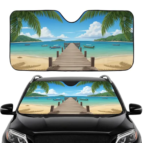 Serene Tropical Beach Pier Green Islands Palm Fronds Golden Sands - Car Interior Upgrade Car Sunshade