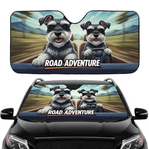 Five Excited Miniature Schnauzer Dogs Open Road Trip - Car Interior Travel Gift Car Sunshade