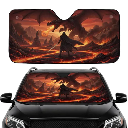 Armored Knight Winged Dragon Molten Lava Volcanic Scene - Car Interior Upgrade Car Sunshade