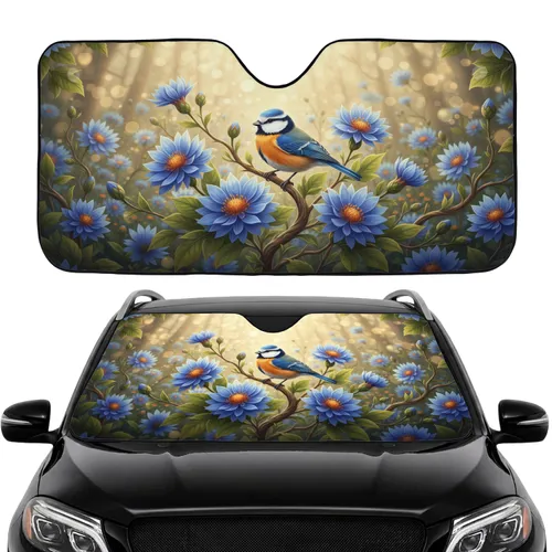 Blue Bird Orange Breast Daisy Tree Branch - Car Interior Road Trip Travel Accessory Car Sunshade