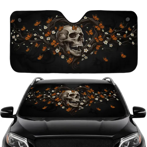 Weathered Skull Monarch Butterflies Branches - Car Interior Upgrade Car Sunshade