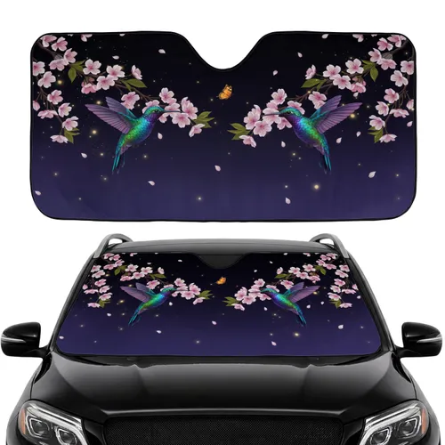 Flourishing Cherry Blossom Hummingbirds Flight - Commute Accessory Bird Lover Gift Car Sunshade