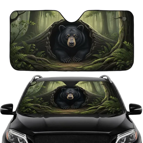Majestic Black Bear Hollow Log Forest Scene - Car Interior Upgrade Wildlife Lover Gift Car Sunshade