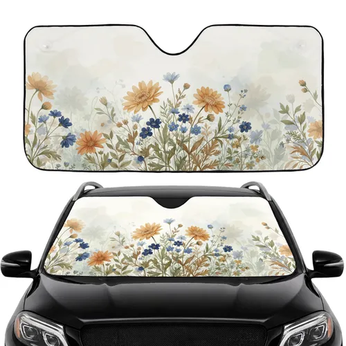 Yellow Daisy Blue Blossoms Wildflower Meadow - Road Trip Travel Essentials Car Sunshade