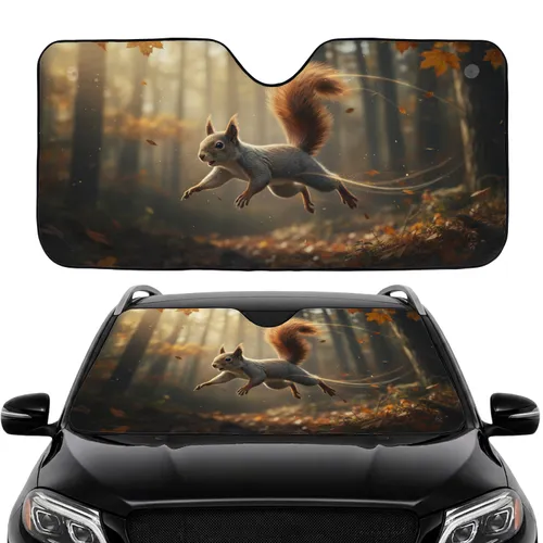 Jumping Grey Squirrel Dappled Sunlight Forest - Wildlife Lover Travel Essential Car Sunshade