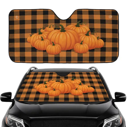 Orange Pumpkins Autumn Leaves Buffalo Plaid Fall Travel Essentials Car Sunshade