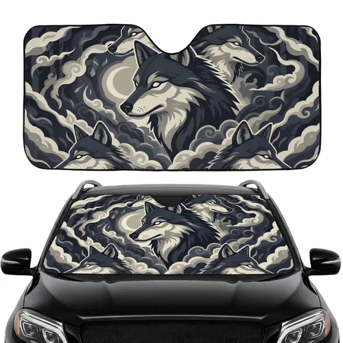 Fierce Wolf Head Glowing Eyes Crescent Moon - Road Trip Gift for Wolf Lover Car Sunshade