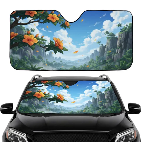 Tropical Hibiscus Cliff Palm - Road Trip Commute Accessory Car Sunshade