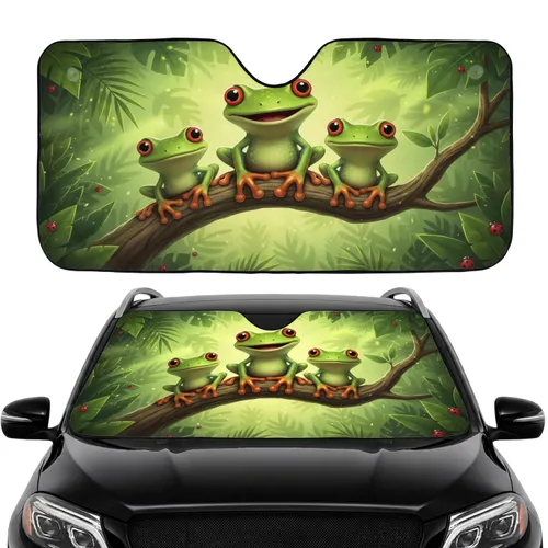 Vibrant Smiling Big Red Eye Green Tree Frogs Red Ladybugs Wooden Branch - Car Interior Upgrade Car Sunshade