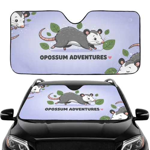 Cartoon Opossums Woodland Leaves Travel Essentials Car Sunshade