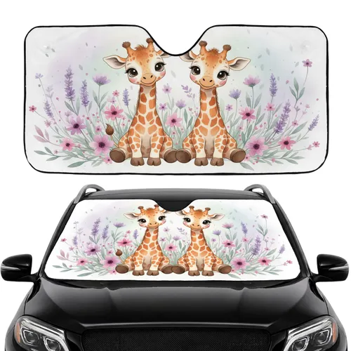 Large-Eyed Baby Giraffes Lavender Blush Pink Wildflowers - Car Interior Upgrade Car Sunshade