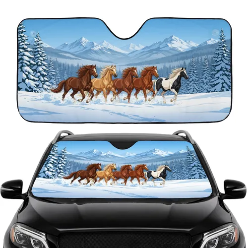 Galloping Wild Horses Snowy Mountain Forest - Travel Essentials for Horse Lover Car Sunshade