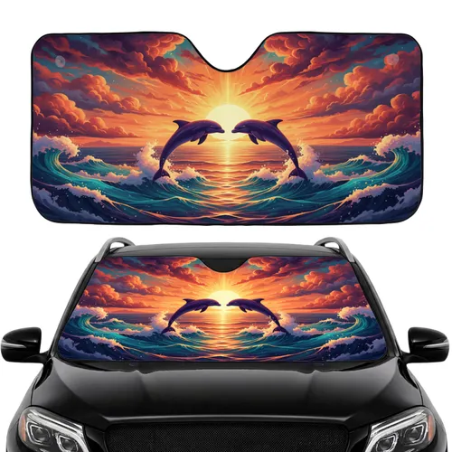 Glowing Purple Blue Dolphins Sun Ocean Waves Clouds Car Interior Upgrade Car Sunshade