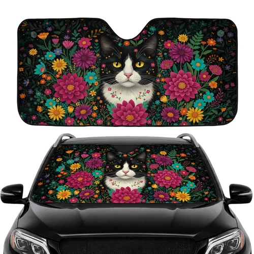 Black White Tuxedo Cat Botanical Garden Flowers - Car Interior Upgrade Cat Lover Gift Car Sunshade