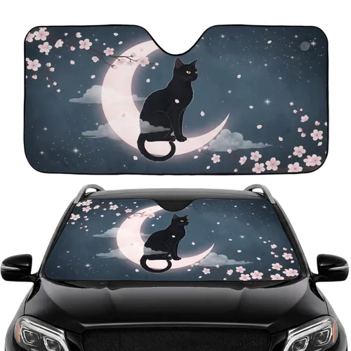 Black Cat Crescent Moon Cherry Blossoms - Travel Essentials Cat Lover Gift Car Sunshade