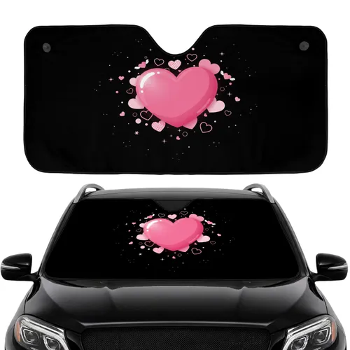 Softly Glowing Pink Hearts, Celestial Background with Wings and Stars - Travel Car Accessory Car Sunshade