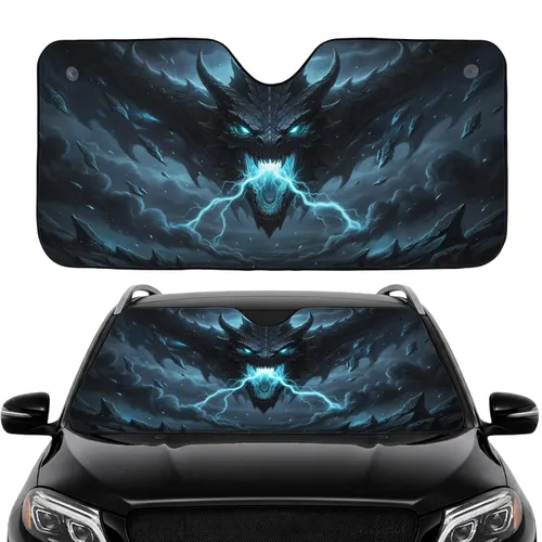 Ferocious Black Dragon Glowing Blue Eyes Lightning Stormy Sky - Car Interior Upgrade Car Sunshade