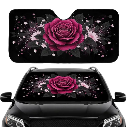 Deep Magenta Fuchsia Rose Black Leaves Floral Starbursts - Car Interior Travel Upgrade Car Sunshade
