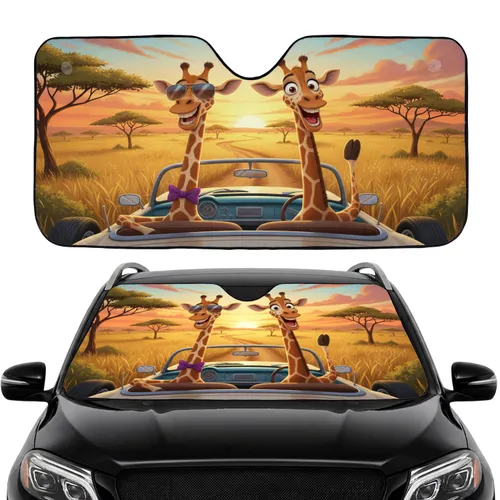 Excited Giraffes Savanna Sunset Journey - Road Trip Gift Car Sunshade