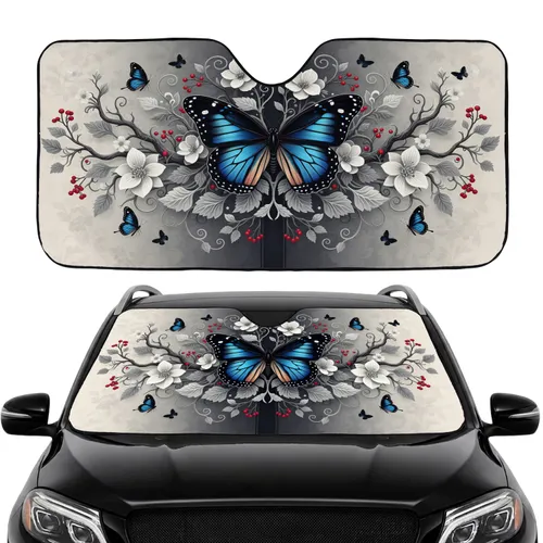 Iridescent Black Morpho Butterflies Floral Smoke Mist Car Interior Upgrade Car Sunshade