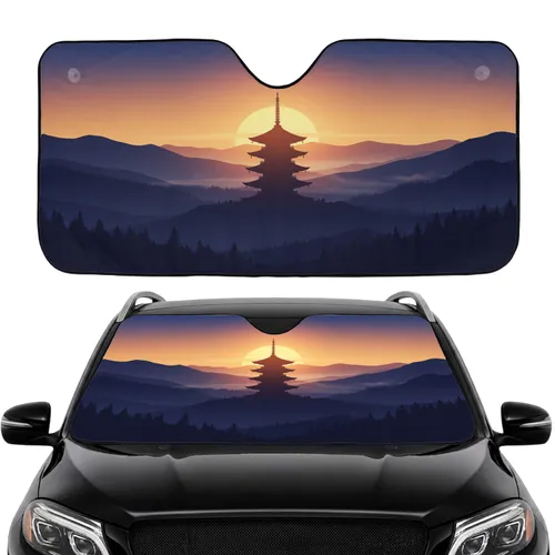 Japanese Pagoda Sunset Mountain Dense Forest Sky Landscape - Travel Essentials Gift Car Sunshade