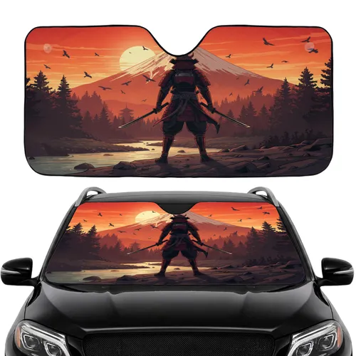 Resolute Japanese Samurai Warrior Dual Katana Mountain Sunset - Road Trip Car Interior Upgrade Car Sunshade