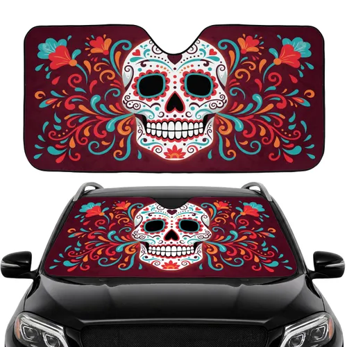 Day of the Dead Sugar Skull Calavera Marigold Flowers - Car Interior Upgrade Car Sunshade