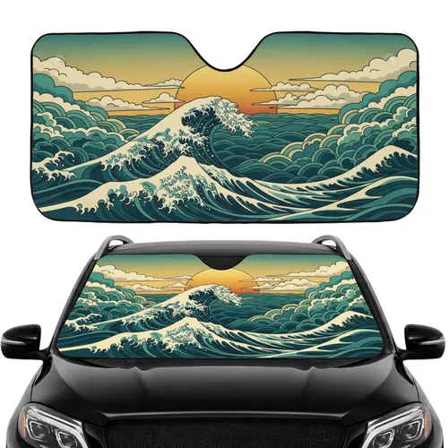 Majestic Ocean Wave Sun Moon Sea Spray Japanese Clouds Sky Glow - Road Trip Gift Car Sunshade