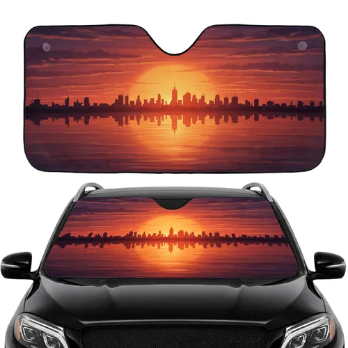Sunset Metropolis Cityscape Skyscrapers River Reflection Clouds - Road Trip Gift Car Sunshade