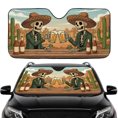 Western Skeletons Clinking Tankards Desert Toast - Car Interior Upgrade Car Sunshade