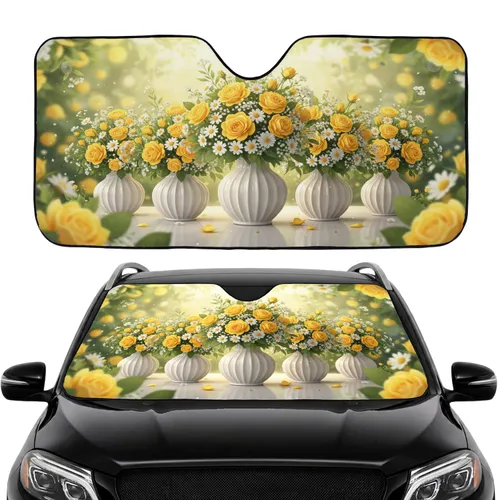 White Ceramic Vases Yellow Roses White Daisies Floral Car Interior Upgrade Car Sunshade