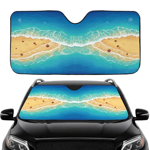 Turquoise Deep Blue Ocean Waves Sandy Beach Aerial View - Road Trip Gift Car Sunshade