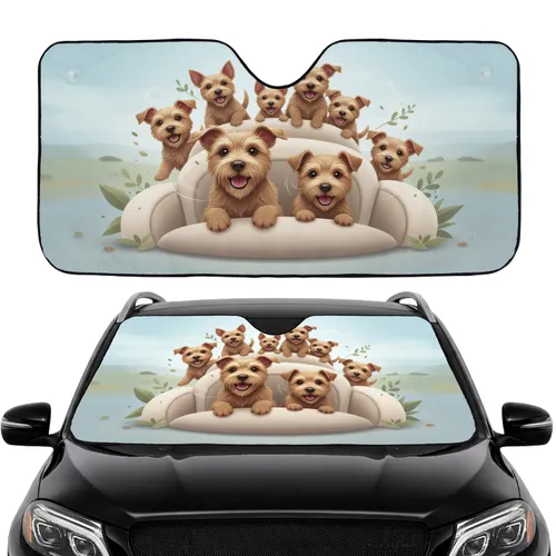 Realistic Terrier Dogs Driving Open Landscape - Road Trip Gift for Dog Lovers Car Sunshade