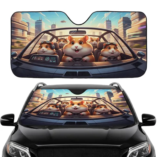 Hamsters Driving Futuristic Cityscape - Road Trip Gift Car Sunshade