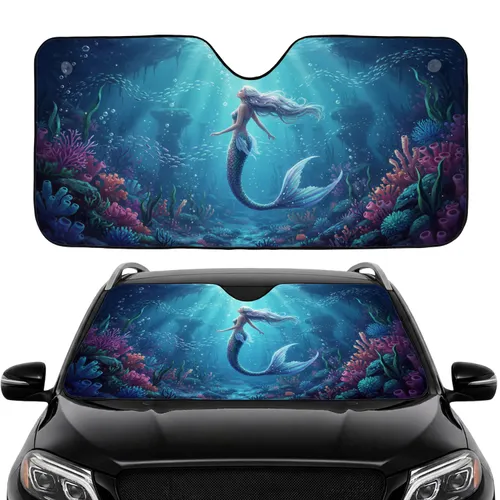 Mermaid Flowing Iridescent Hair Shimmering Tail Coral Reef - Car Interior Upgrade Car Sunshade