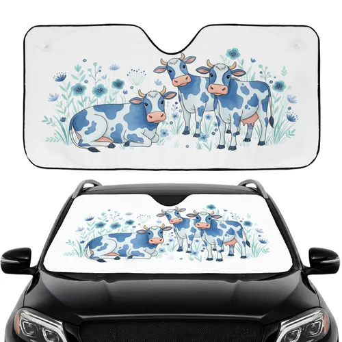 Blue Spotted Dairy Cows Wildflower Meadow - Road Trip Gift for Cow Lover Car Sunshade
