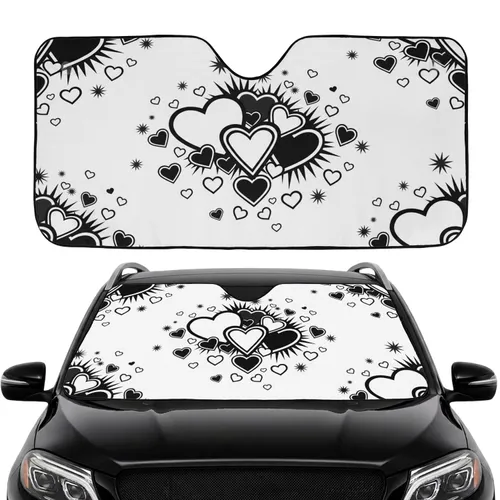 Black Hearts Floral Explosions Clean White - Car Interior Upgrade Car Sunshade