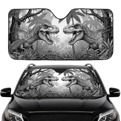 Tyrannosaurus Rex Roaring Dinosaurs Face-off Primeval Forest - Car Interior Upgrade Car Sunshade