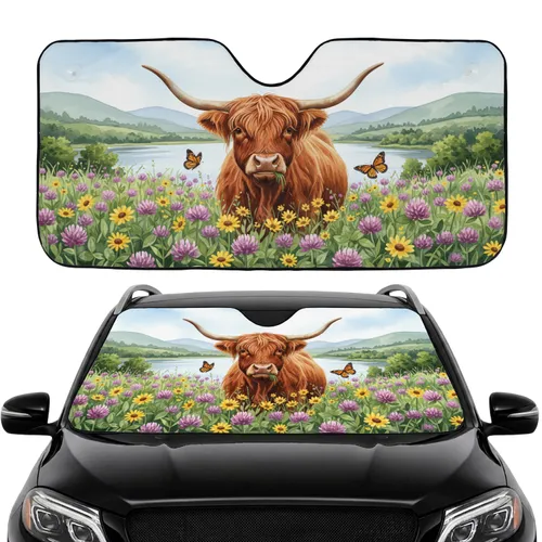Highland Cow Wildflower Monarch Butterflies - Car Interior Upgrade for Cow Lover Car Sunshade